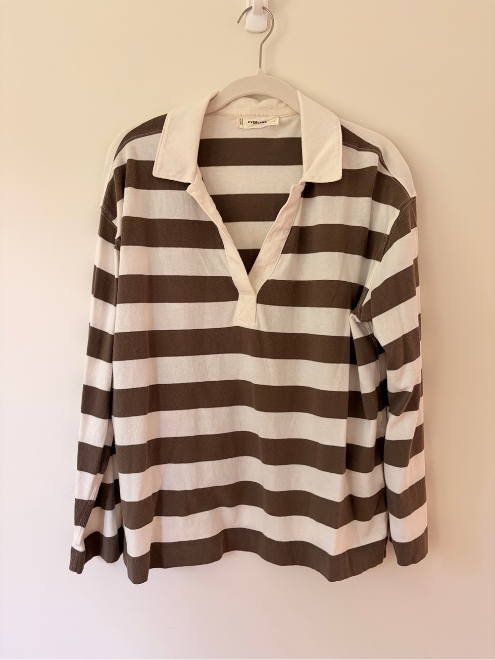 Everlane Brown and Cream Striped Rugby Shirt